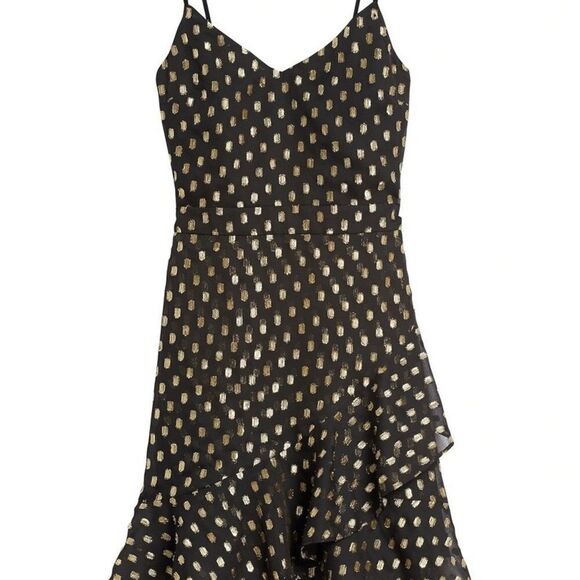 Banana Republic Strappy Ruffle Metallic Dot Mini Dress in Black & Gold Size 6 - Picture 3 of 11